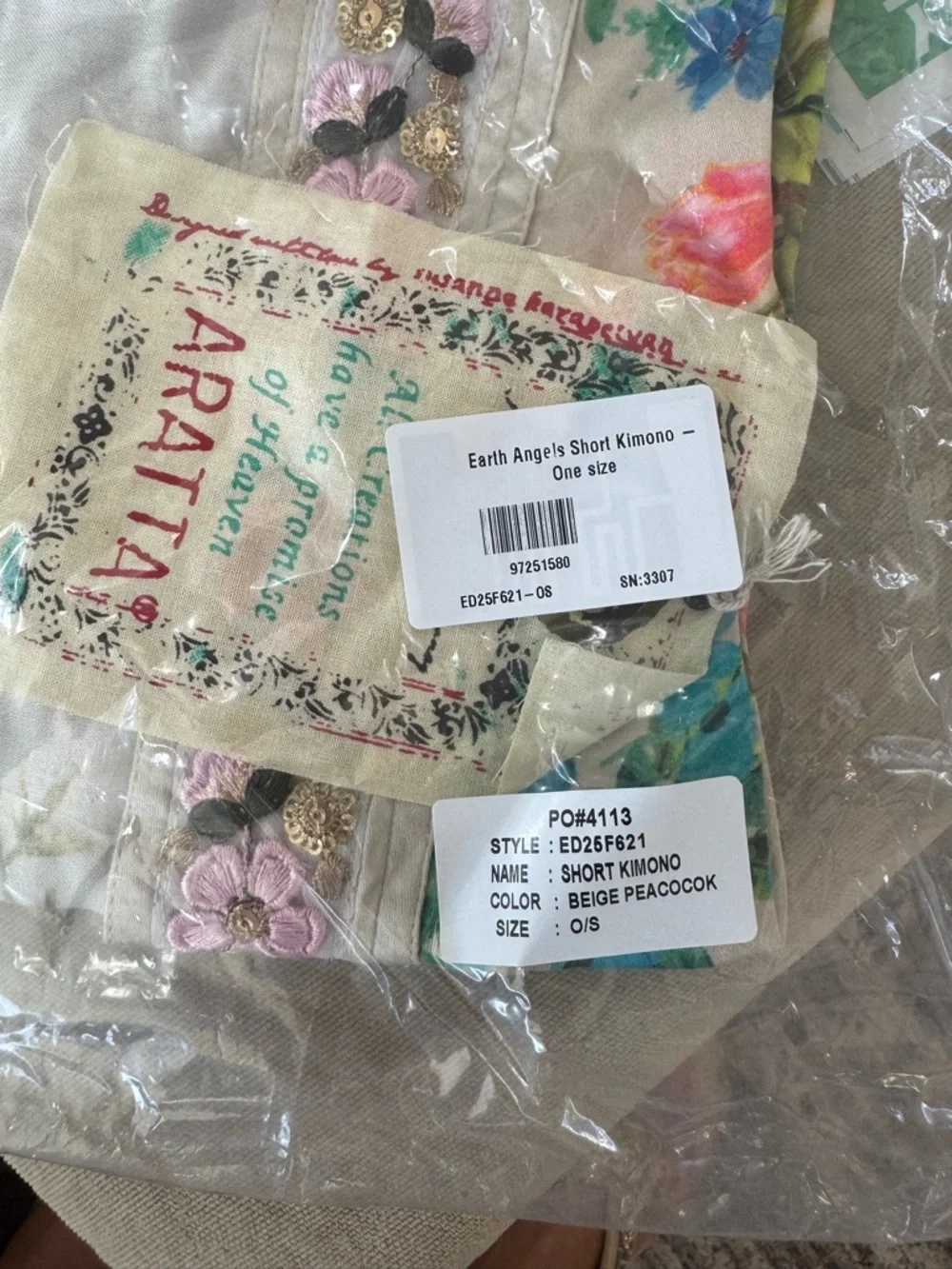 Aratta Stunning Sequin Floral Embroidered Viscose short kimono, beige multi - Picture 4 of 6